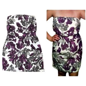 A.N.A. Strapless Dress with Pockets White Purple Black Floral Small